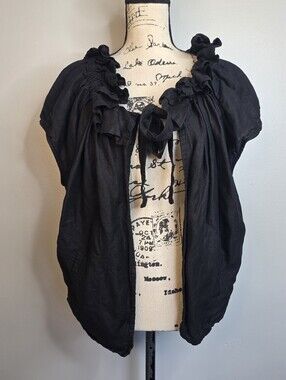 Karen Kane black ruffle linen blend blouse with tie front detail, size L